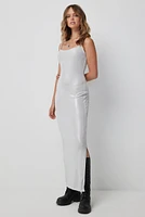 Ardene Metallic Maxi Dress with Slit in Silver | Size | Polyester/Spandex