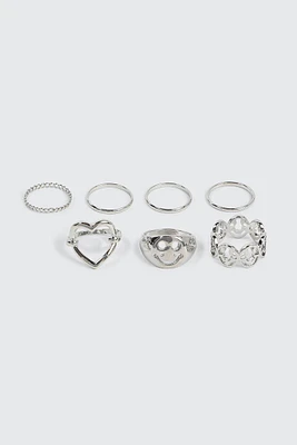 Ardene 7-Pack Smiley Face & Heart Rings in Silver | Size