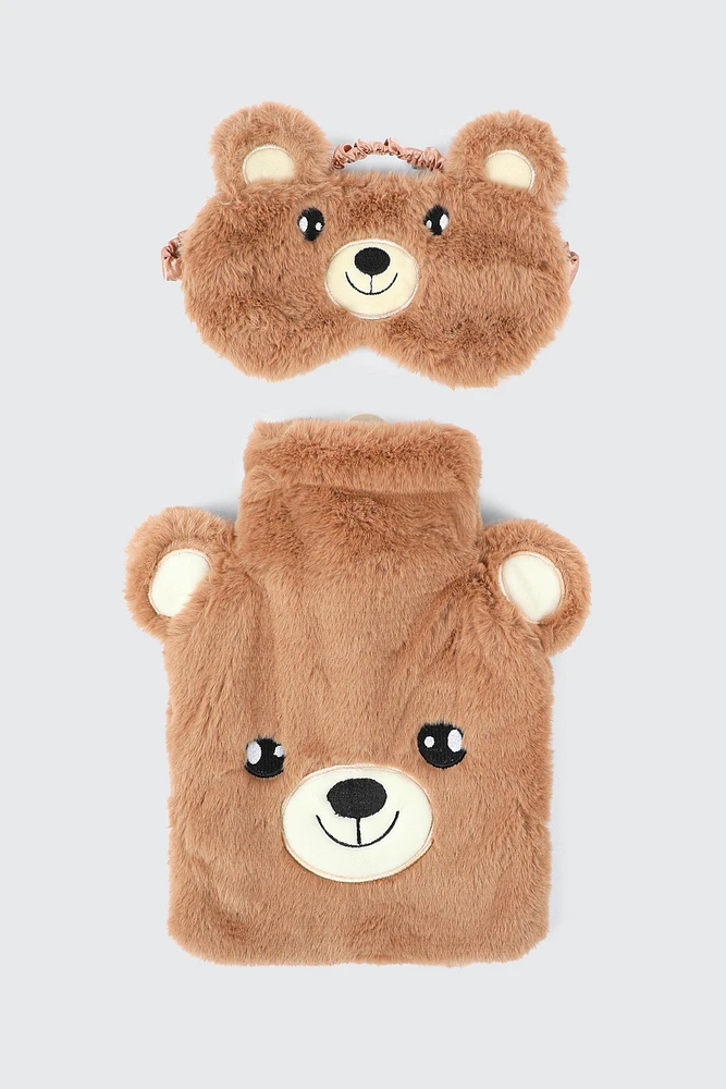 Ardene Teddy Bear Sleep Mask & Hot Water Bottle Set in Brown