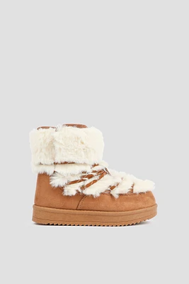 Ardene Kids Wraparound-Lace Faux Sheepskin Boots in Cognac | Size | Faux Suede | Eco-Conscious | Microfiber