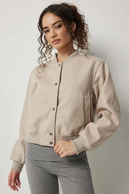 Ardene Crop Felt Bomber Jacket in Beige | Size | Polyester