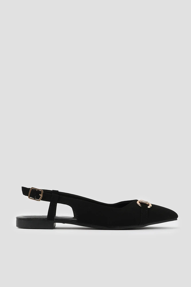 Ardene Horsebit Slingback Flats in Black | Size | Faux Leather/Faux Suede