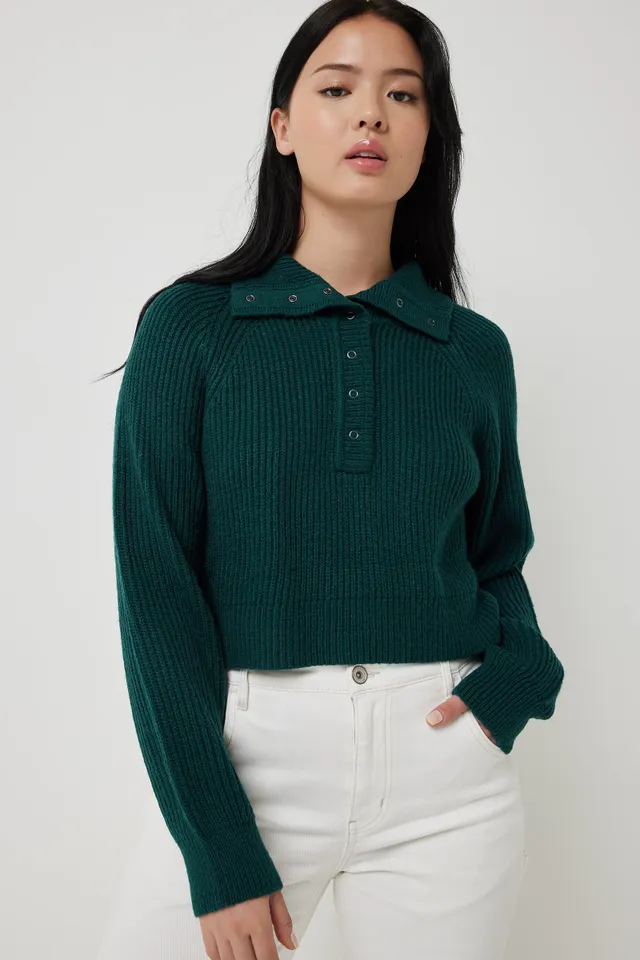 Ardene Crop 1/4 Zip Sweatshirt in Dark Green, Size, Polyester/Cotton, Fleece-Lined, Eco-Conscious