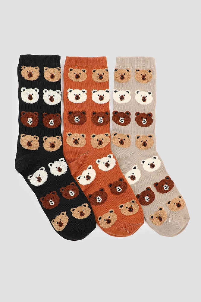 Ardene 3-Pack Fuzzy Bear Crew Socks in Spice | Polyester/Spandex