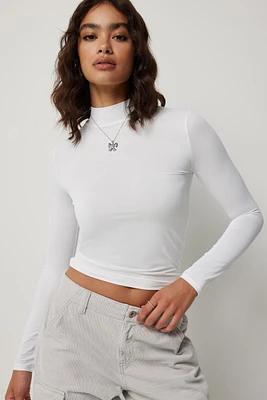 Ardene Long Sleeve Mock Neck T-Shirt in White | Size | Elastane/Polyamide