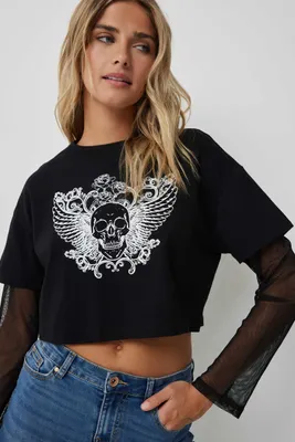 Ardene Winged Skull Boxy T-shirt with Mesh Sleeves in Black | Size | 100% Cotton/Polyester/Spandex
