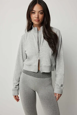 Ardene French Terry Crop Zip Up Sweatshirt in Light Grey | Size | 100% Cotton