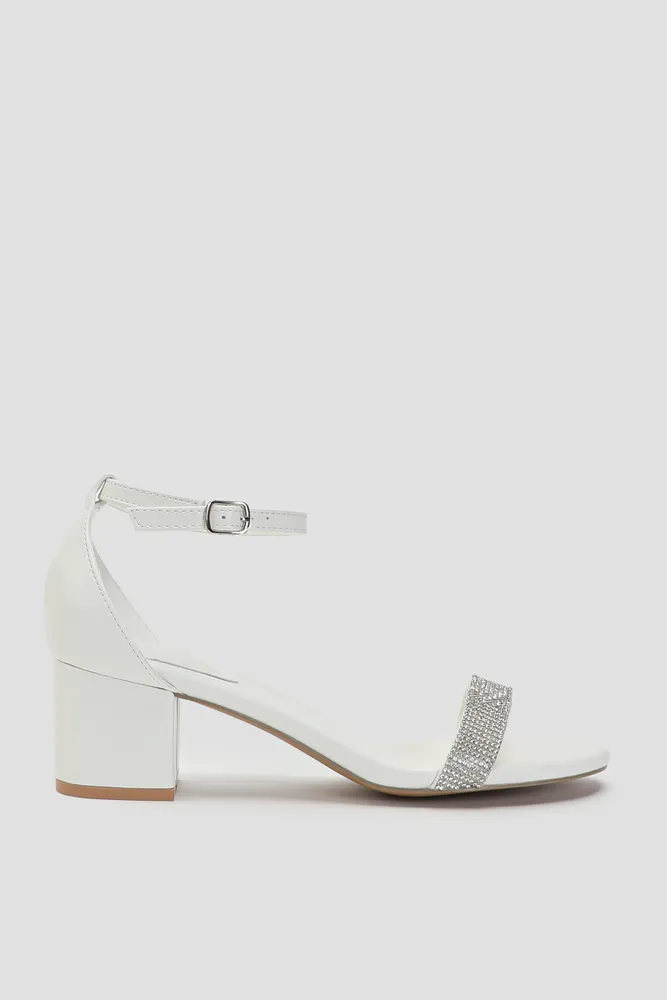 Ardene Embellished Block Heel Sandals in White | Size 10 | Faux Leather