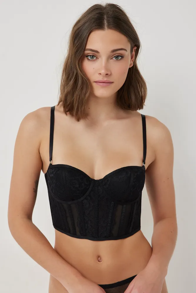 Ardene Mesh & Lace Bustier with Visible Boning in Black, Size, Polyester/Nylon/Elastane, Microfiber