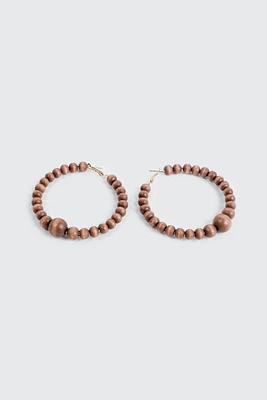 Ardene Wood Beaded Hoop Earrings in Brown | Stainless Steel