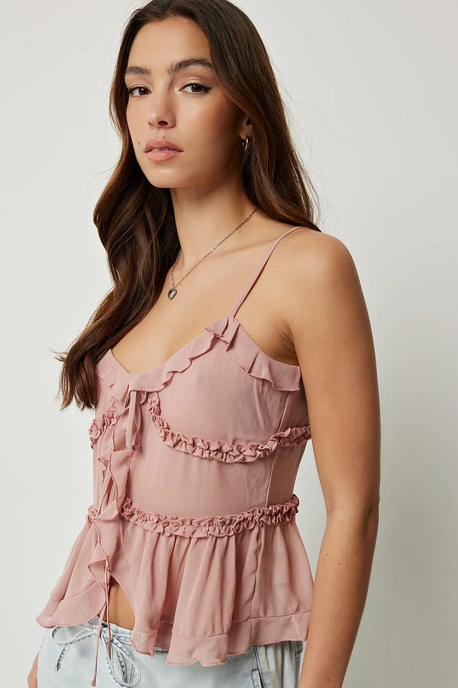 Ardene Tie Front Babydoll Tank Top in Medium Pink | Size | Polyester