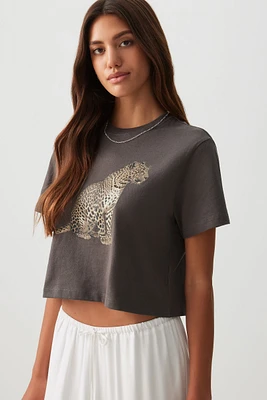 Ardene Printed Crop T-Shirt in Dark Grey | Size | 100% Cotton