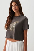 Ardene Printed Crop T-Shirt in Dark Grey | Size | 100% Cotton
