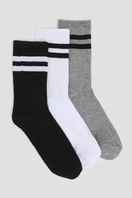 Ardene 3-Pack Double Striped Crew Socks in Grey | Polyester/Spandex