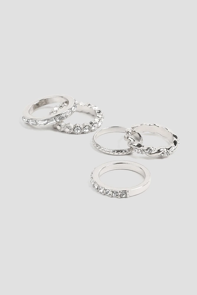 Ardene 5-Pack Assorted Rings with Stone Embellishment in Silver | Size