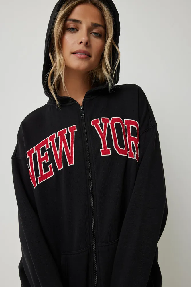 Ardene New York Zip-Up Hoodie in Black | Size | Polyester/Cotton | Fleece-Lined