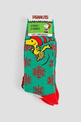 Ardene 2-Pack Holiday Snoopy Cozy Socks in Green | Polyester/Spandex