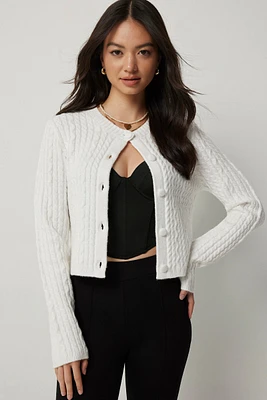 Ardene Cable Knit Crop Cardigan in White | Size Large | Polyester/Spandex