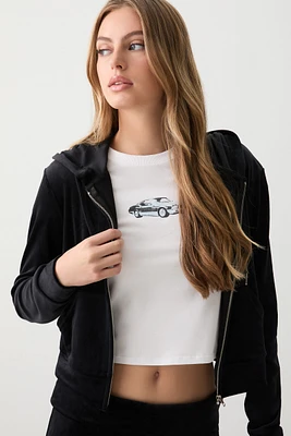 Ardene Velvet Zip Up Hoodie in Black | Size | Polyester/Elastane | Eco-Conscious