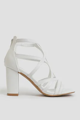 Ardene Criss Cross Block Heel Sandals in White | Size | Faux Leather/Faux Suede