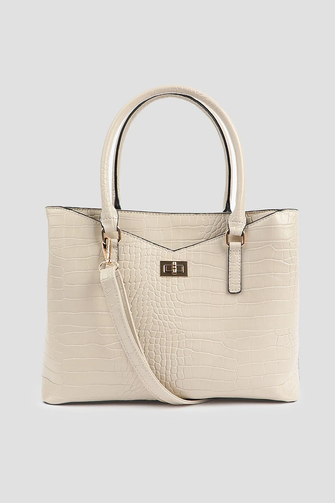 Ardene Croc Embossed Tote Bag in Beige | Faux Leather/Polyester