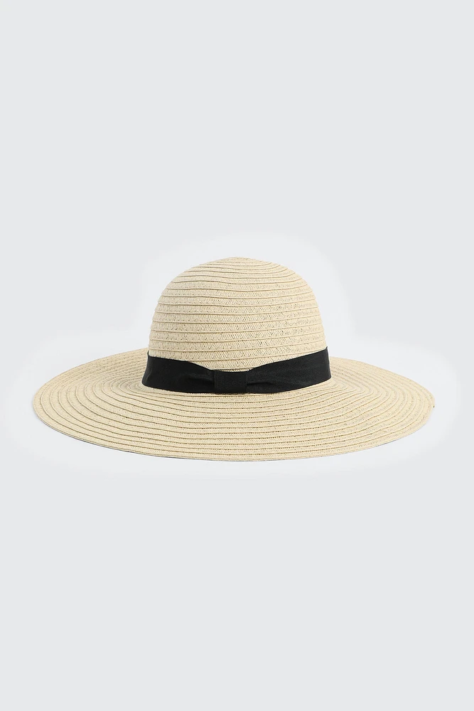 Ardene Wide Brim Straw Hat with Ribbon in Beige
