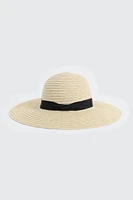 Ardene Wide Brim Straw Hat with Ribbon in Beige