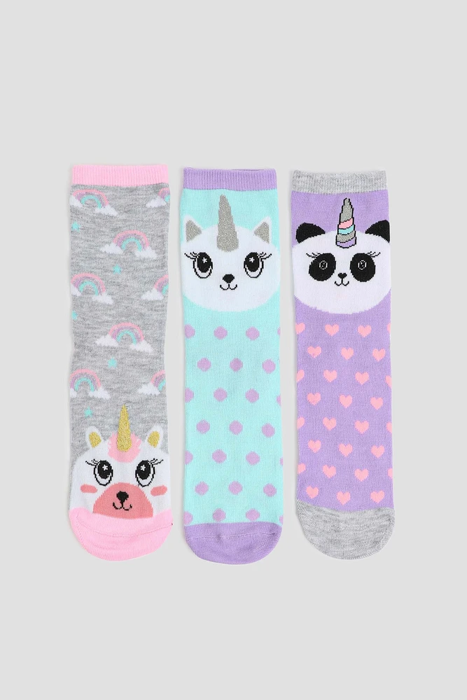 Ardene Kids 3-Pack Animal Crew Socks | Polyester/Spandex