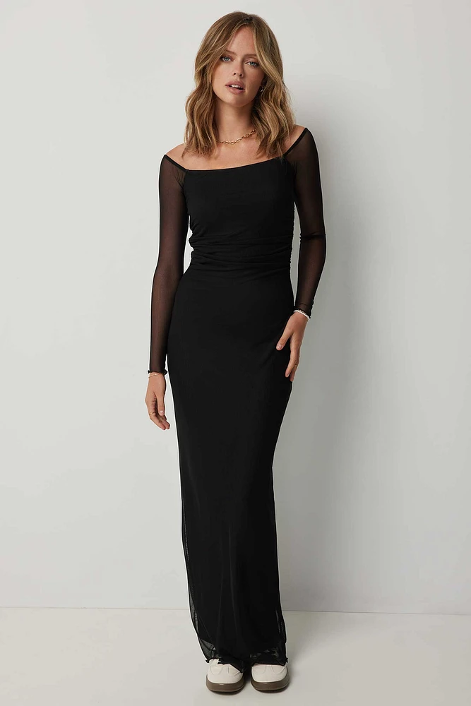 Ardene Off Shoulder Maxi Mesh Dress in Black | Size | Polyester/Spandex