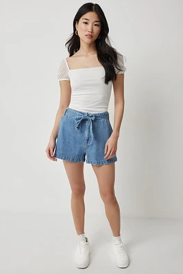 Ardene High Rise Denim Paperbag Shorts in | Size | 100% Cotton