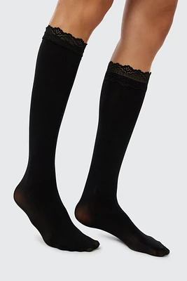 Ardene Lace Trim Crew Socks in Black | Nylon/Spandex