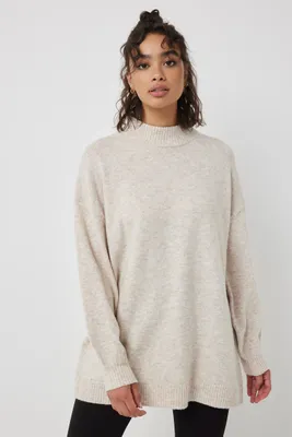 Ardene Mock Neck Tunic Sweater in Beige | Size Large | Polyester/Nylon/Elastane | Eco-Conscious