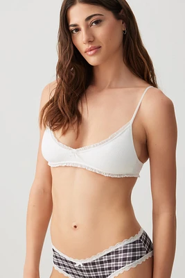 Ardene Lace Trim Seamless Rib Bralette in White | Size | Nylon/Elastane