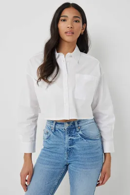 Ardene Oversized Cropped Shirt in White | Size | 100% Cotton