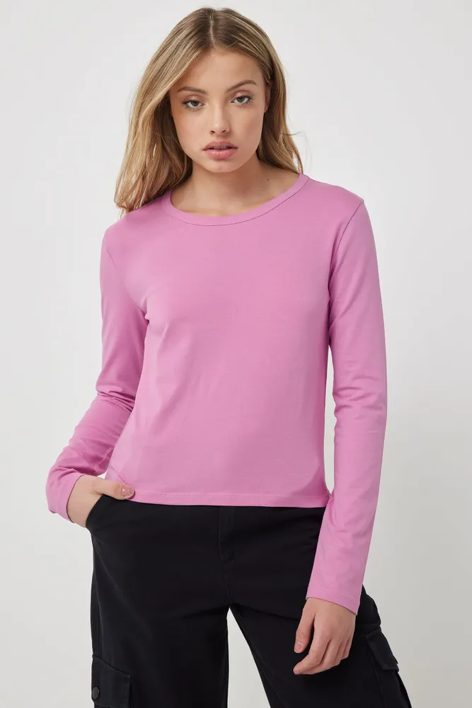 Ardene Basic Long Sleeve Cropped T-Shirt in Pink | Size | Cotton/Elastane