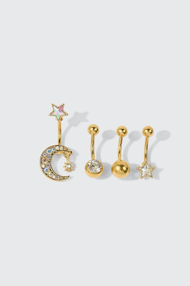 Ardene 4-Pack Moon & Star Navel Piercings in Gold