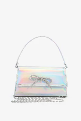 Ardene Iridescent Clutch with Bow in Silver | Faux Leather/Polyester
