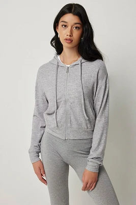 Ardene Brushed Knit Short Zip-Up Hoodie in Grey | Size | Polyester/Rayon/Elastane