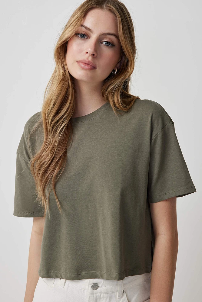 Ardene Basic Boxy Crop Tee in Khaki | Size | Cotton/Elastane