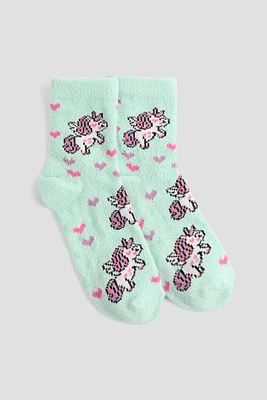 Ardene Kids Unicorn Cozy Socks in Light Green | Polyester/Spandex