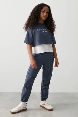 Ardene Kids Smooth Stretch Cargo Joggers in Dark Blue | Size | Polyester/Elastane