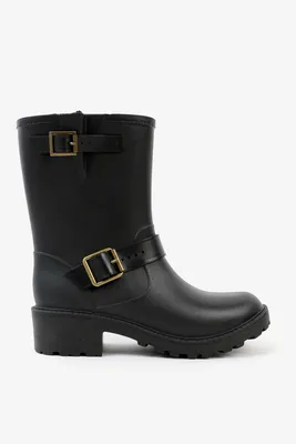 Ardene Double Buckle Rain Boots in Black | Size | Rubber