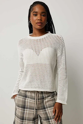 Ardene Open Stitch Crew Neck Sweater in White | Size | 100% Cotton