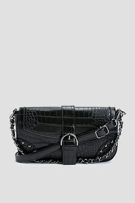 Ardene Croc Embossed Shoulder Bag in Black | Faux Leather/Polyester