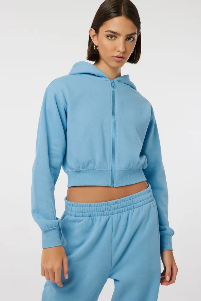 Ardene Cropped Zip-Up Hoodie in Medium Blue, Size, Polyester/Cotton, Fleece-Lined, Eco-Conscious