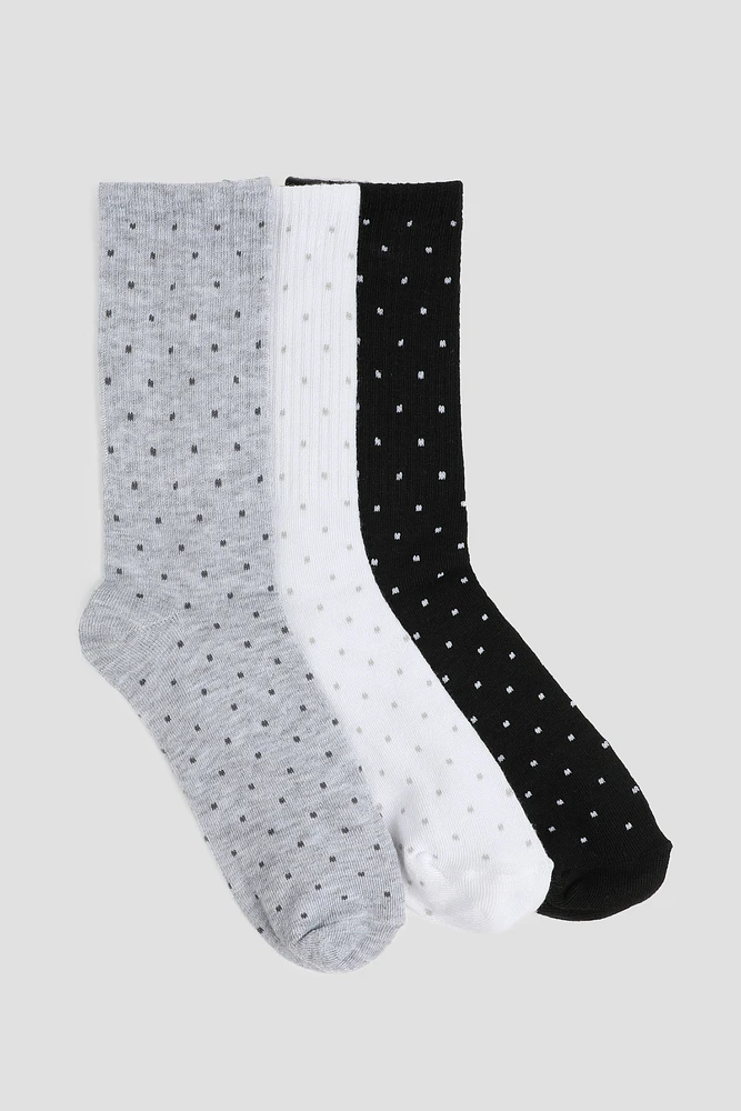 Ardene 3-Pack Polka Dot Crew Socks in Light Grey | Polyester/Spandex