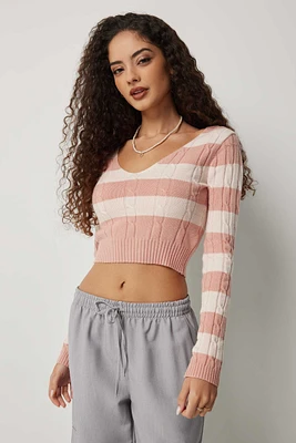 Ardene Crop Striped Cable Knit Sweater in Light Pink | Size | Polyester/Nylon