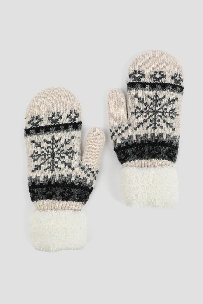 Ardene Sherpa Lined Knit Mittens in White | Polyester/Spandex