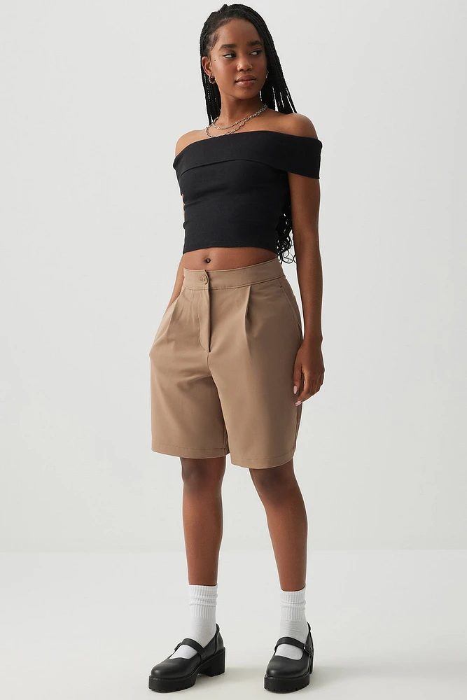 Ardene Mid Rise Bermuda Tailored Shorts in Beige | Size | Polyester/Spandex/Viscose