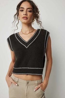 Ardene Crop Contrast Stitch Sweater Vest in | Size | Cotton